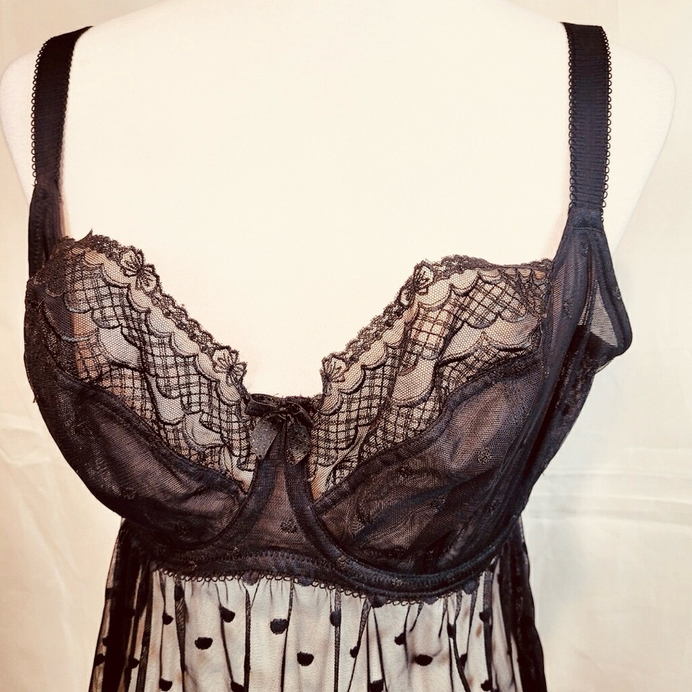 Cleo by Panache Sheer Black Lace Polka Dot Chemise - Picture 2 of 6
